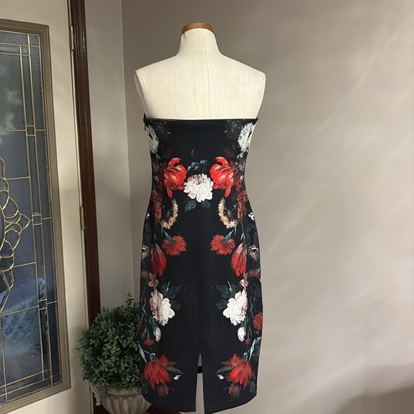Express floral on black Strapless Sheath bodycon midi Dress formal zippered  12 - Picture 6 of 15